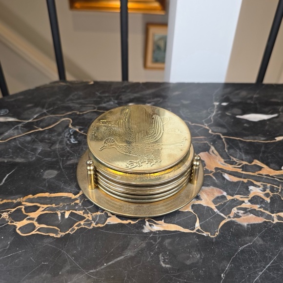 Vintage Brass Etched Engraved Southwestern Bird Wildlife Barware Coaster Set - Picture 9 of 12